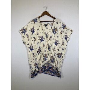 Angie Floral Bird Print Blouse Women Size M Cream Blue Boho Rayon V-Neck Top
